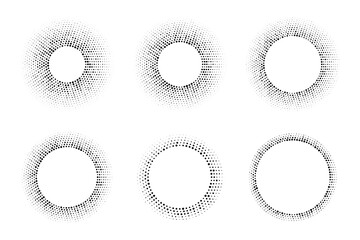 Abstract Circle Frame Halftone Dots Logo Emblem Design Element. Round Border Icon Gradient Halftone Random Circle Dots Pattern Texture. Vector Set.