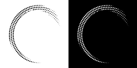 Halftone Circular Dot Pattern. Circle Frame using Halftone Dots Raster Texture. Polka Dots. Spiral logo Icon. Radial design element. Vector Illustration.