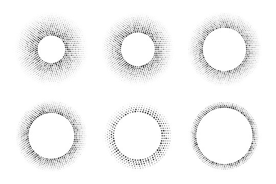 Abstract Circle Frame Halftone Dots Logo Emblem Design Element. Round Border Icon Gradient Halftone Random Circle Dots Pattern Texture. Vector Set.