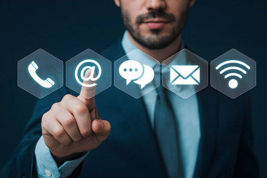 Businessman interacts with virtual contact icons including phone email chat message and wifi showcasing modern communication and digital connectivity for business and personal use