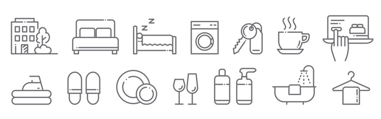 Hotel and Airbnb line icons isolated on transparent background. Editable-stroke set with hotel building, key, bed, appliances and coffee cup symbols. Perfect for travel apps, accommodation services.