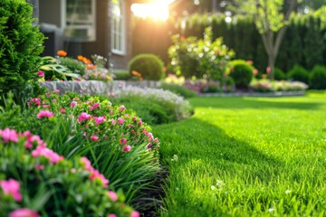 Obraz premium Beautiful garden with colorful flowers in a sunny backyard