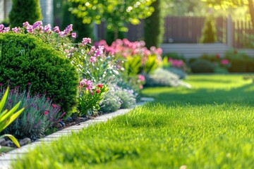 Beautiful garden with colorful flowers and lush green grass