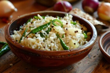 Delicious rice dish with green chilies and onions in a bowl