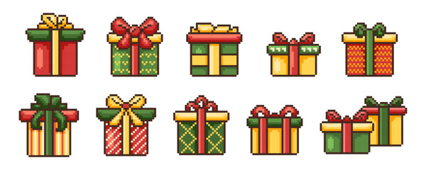 Pixel Christmas Gift Present Box game icon vector set. Retro computer 8 bit pixelated holiday elements