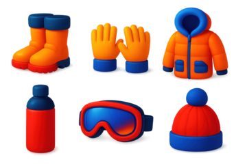 Set of winter clothing and accessories, including a red and blue bottle, a pair of orange gloves, and a red and blue hat