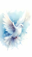 Obraz premium Watercolor painting of white dove in flight peace and freedom concept artistic bird illustration design