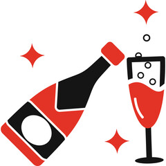 Red and Black Champagne Bottle Pouring Sparkling Beverage into Crystal Glass Surrounded by Red Stars and Bubbles Isolated on White Background Festive Celebration Concept