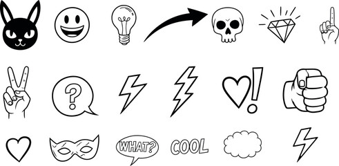 Collection of hand drawn doodle icons and symbols on white background