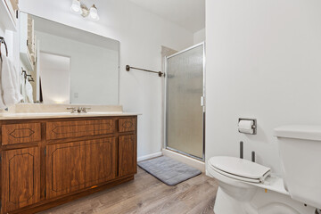 A Modern Bathroom Interior Design Featuring Shower and Vanity Areas