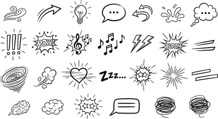 Hand drawn doodle elements set with lightbulb speech bubbles and musical notes