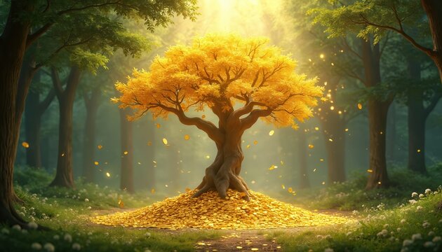 Illustration features gold money tree in enchanted forest. Golden coins cascade from tree. Nature scene conveys abundance wealth prosperity. Concept embodies luck feng shui. Artwork perfect for