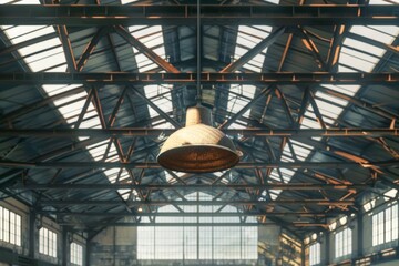 Fototapeta premium Industrial ceiling lamp hanging in a spacious warehouse
