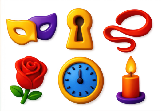 Set of six colorful plastic figures, including a clock, a rose, a mask, a key, a candle, and a lantern