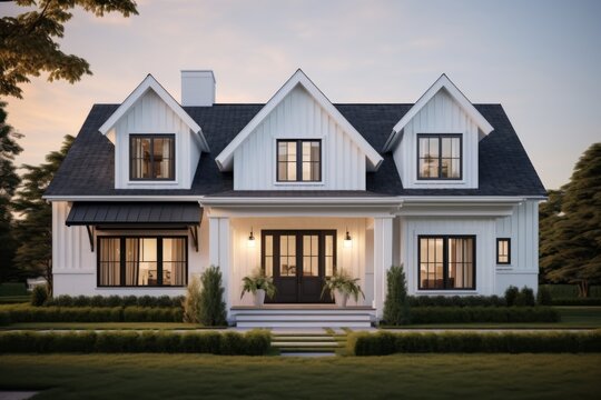 Beautiful modern house with a welcoming porch at sunset