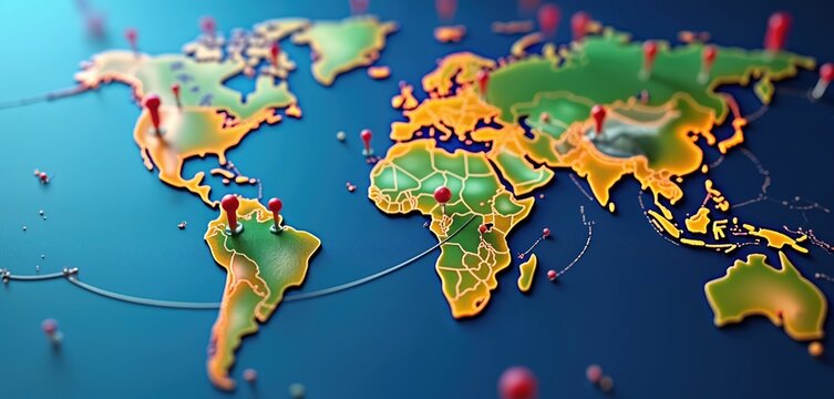 Global map with pins shows trade routes, supply chain connections, and distribution networks worldwide. Business logistics illustrated with connected points on continents. - Powered by Adobe