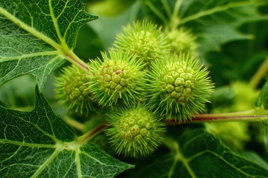 Detailed Close-Up of Rough Cocklebur Green Seeds - Xanthium Strumarium with Vivid Leaves and Natural Textures