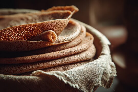 Heaping Stack of Ethiopian Injera Bread Served in Foam Container for a Delicious Breakfast or Lunch