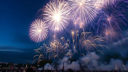 A breathtaking display of fireworks illuminates the night sky, with vibrant bursts of color and light creating a festive atmosphere, capturing the excitement and joy of celebration Vector Art - Powered by Adobe