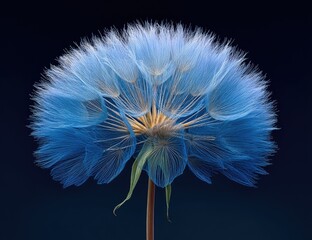 Blue-tinged dandelion clock on dark