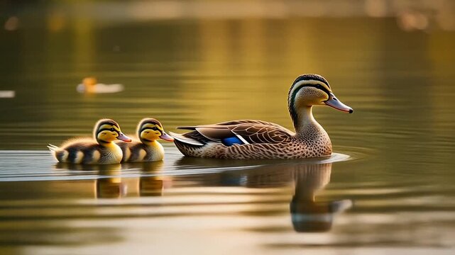 Duck with ducklings swimming peacefully across a pond, mp4 video. AI