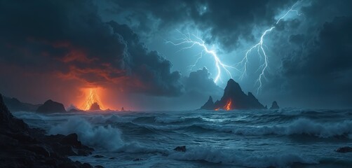 Fototapeta premium Dramatic seascape with violent ocean waves crashing against rocky shores under a dark sky. Powerful lightning strikes illuminate stormy clouds while a distant volcano erupts with lava and smoke.
