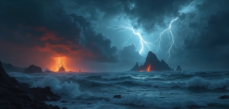 Dramatic seascape with violent ocean waves crashing against rocky shores under a dark sky. Powerful lightning strikes illuminate stormy clouds while a distant volcano erupts with lava and smoke.