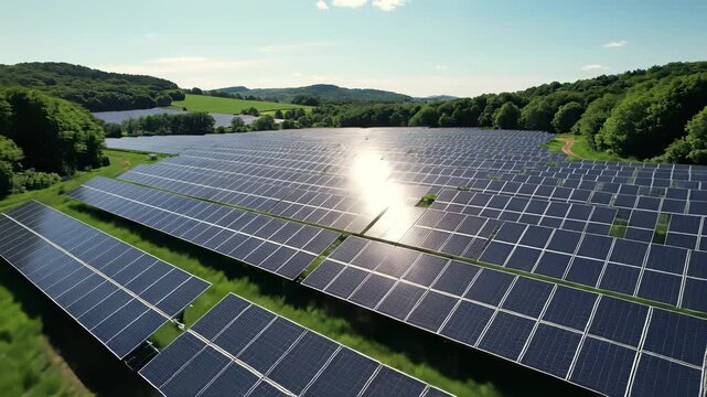 Solar panels stretching towards the horizon, capturing the concept of sustainable energy innovation highlighting humanitys efforts to harness nature while preserving natural surroundings.