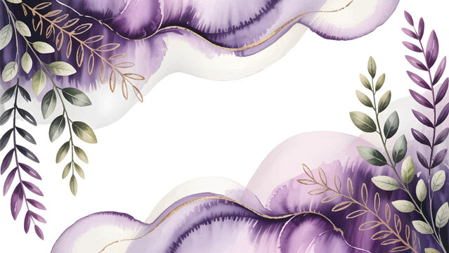 Elegant purple watercolor wave background with green leaves , Luxury abstract floral border with gold line art and sage accents , premium vector template: violet and green botanical frame , soft dream