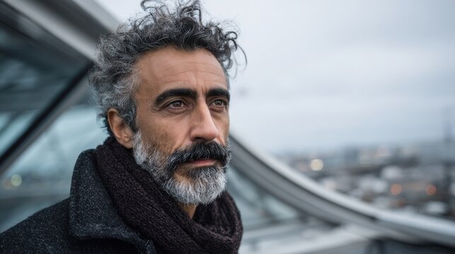 A thoughtful man stands on a rooftop contemplating the urban landscape under gray skies. - Powered by Adobe