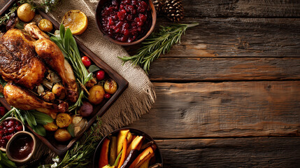 Delicious roasted chicken served with seasonal vegetables and cranberry sauce on a rustic wooden table in a cozy kitchen setting