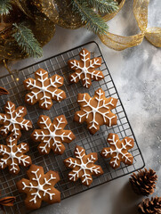 Beautifully decorated gingerbread snowflakes cooling on a wire rack, surrounded by festive decorations for the winter season