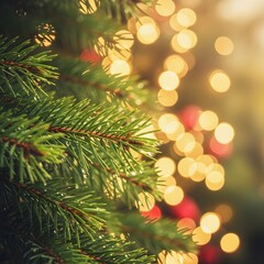 Vintage Festive Glow with Abstract Bokeh Lights Framing Close-Up Pine Branches