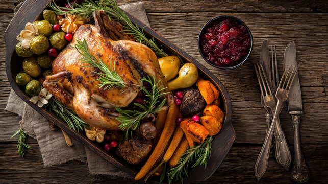 Delicious roasted turkey with seasonal vegetables and cranberry sauce on rustic wooden table for festive celebration in autumn