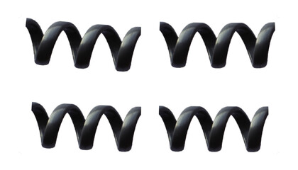 Four black coiled flexible wires in abstract pattern, connection.