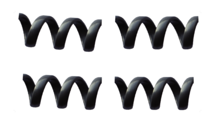 Four black coiled flexible wires in abstract pattern, connection.