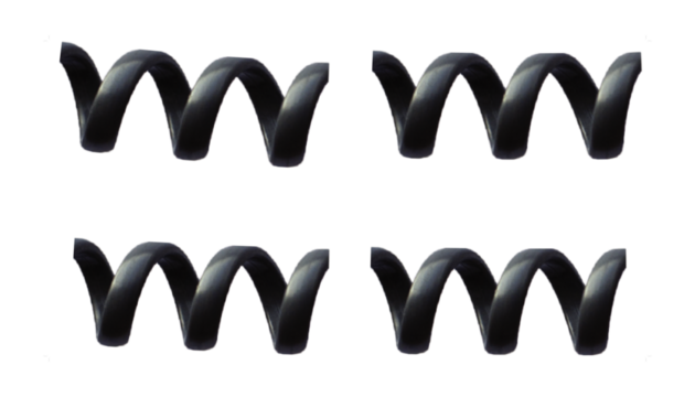 Four black coiled flexible wires in abstract pattern, connection.