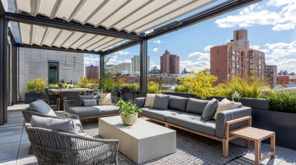 Obraz premium Relaxing space filled with comfy seating and plants offering a stunning view of the city skyline.