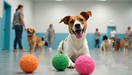 Happy dog plays with colorful balls in daycare center. Other dogs and staff in background ensure supervision and fun. Active pets enjoy social interaction and playtime.
