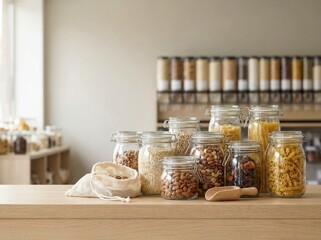 Sustainable zero-waste grocery store concept with various dry foods like pasta, nuts, and grains in glass jars, along with a mesh bag and wooden scoop on a light wooden counter.