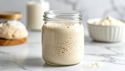 Macro active Sourdough Starter bubbling glass jar