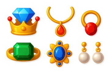 Set of jewelry items including a crown, a diamond, a pearl, a ruby, a gold necklace, and a gold ring