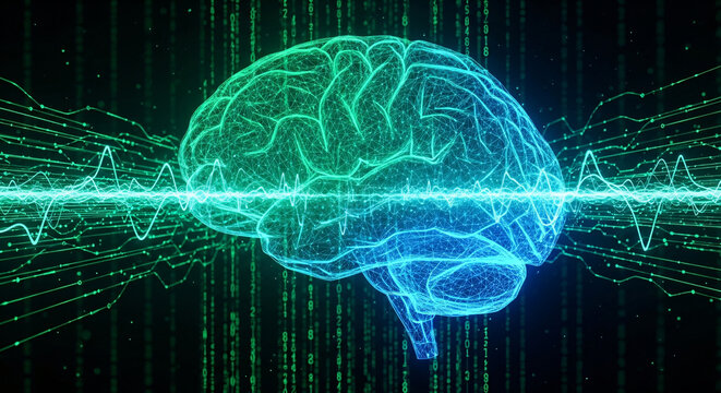 Dynamic digital brain visualization with glowing data streams and neural network connections representing artificial intelligence and complex thought processes