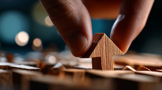 Wooden arrow piece pinched between fingers close up symbolizing growth and progress with blurred background lights creating hopeful atmosphere