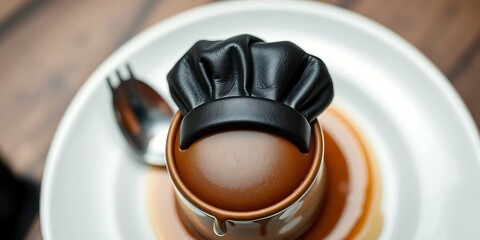 Gourmet dessert—a shiny chocolate sphere wearing a tiny black chef's hat, served on a white plate with caramel sauce. Creative food and professional cooking.