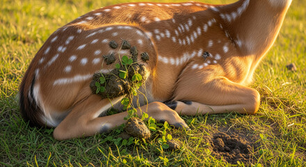 Fawn resting with wet foliage stuck to its dappled coat in grass.
A close-up, natural shot of the hindquarters of a young spotted deer (fawn or axis deer) lying down in a field of short green grass