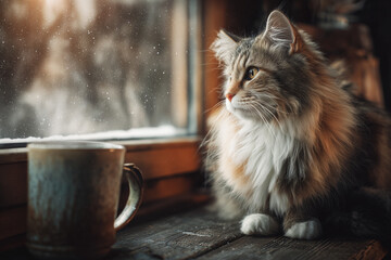 Cat sitting on a windowsill watching snowfall outside, a calm cozy moment of winter peace and warmth. Fluffy cat sitting on wooden windowsill, gazing outside, snow is falling.