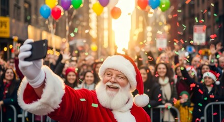 Santa Claus making selfie on smartphone during New Year parade with crowd on city street, festive holiday celebration for Christmas.