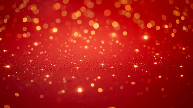 Red festive glitter background with glowing golden bokeh lights, shimmering sparkles and soft defocused particles creating a warm holiday atmosphere for Christmas and New Year designs