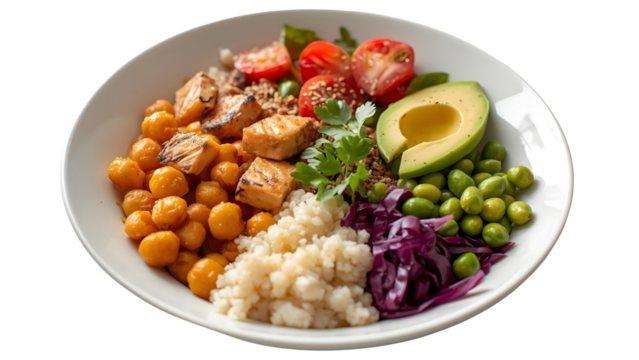 Vegan bowl with tofu, chickpeas, tomatoes, red cabbage, avocado, edamame and rice, healthy meal, png, isolated on transparent background, perfect for food marketing and advertising - Powered by Adobe
